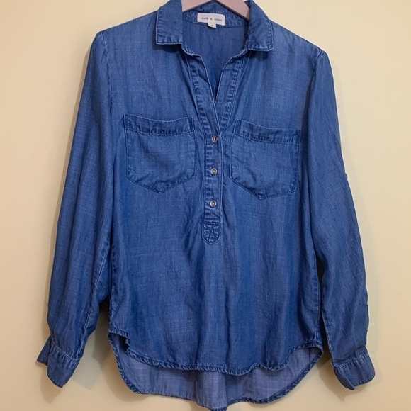 cloth & stone Tops - Cloth & Stone | 100% Tencel Blue Denim Hi Lo Rounded Hem 3 Button Top Shirt S
